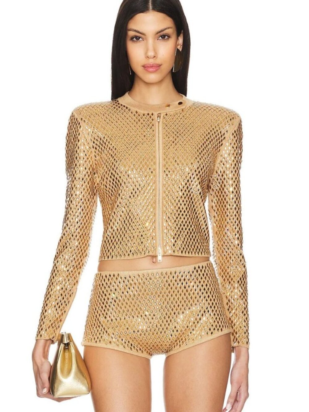 Retrofete Mali Gold Metallic Nude Embellished Knit Jacket Medium